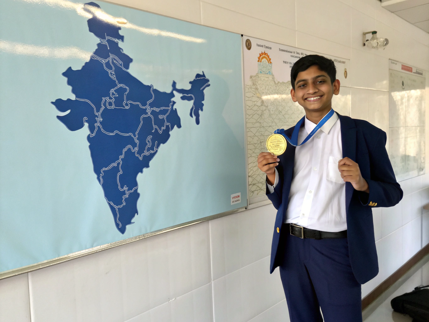 Indian schoolchild champion proudly holding gold trophy and framed certificate with Sydney landmarks and Indian celebratory backdrop