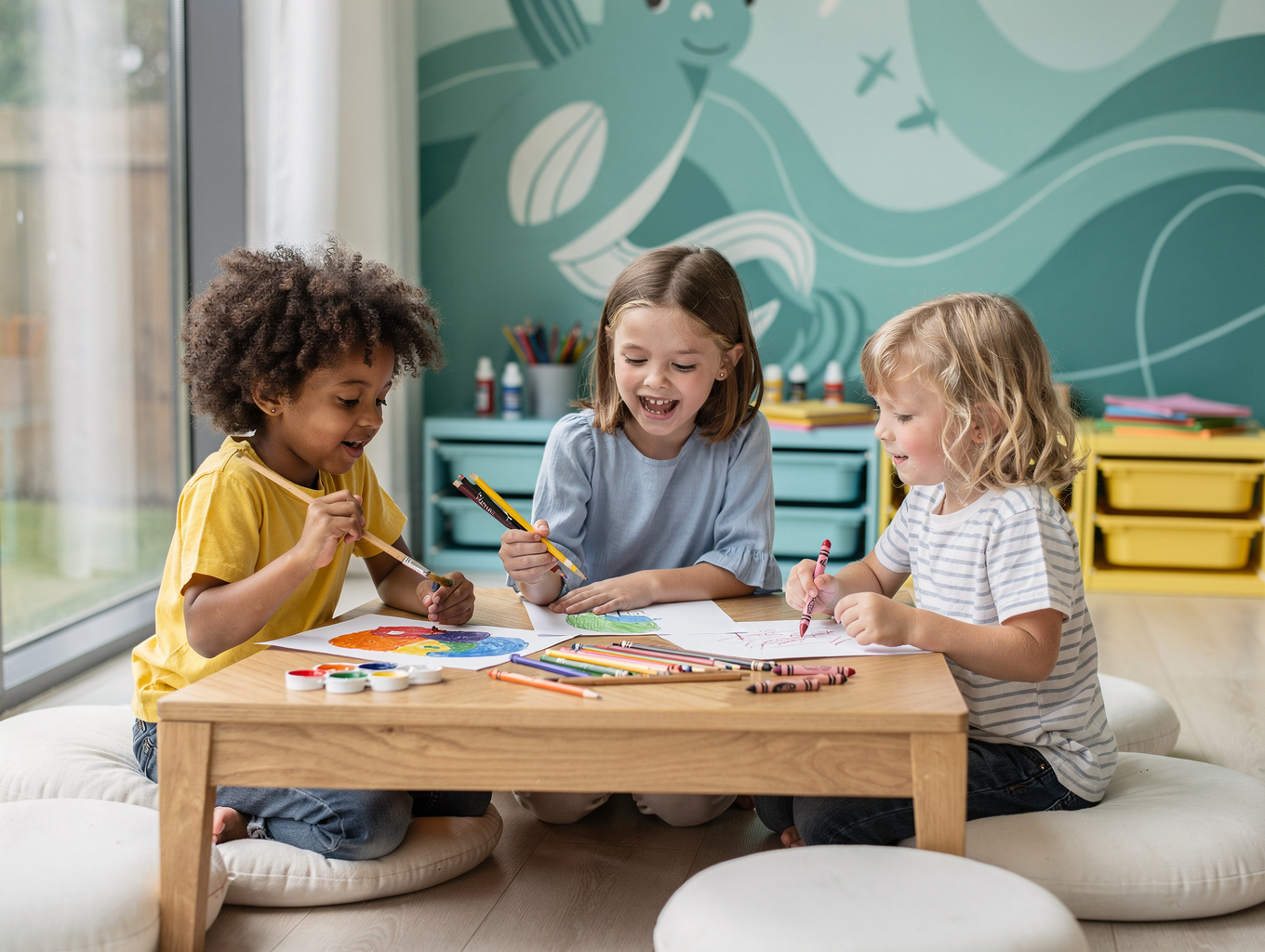 Children joyfully painting and sketching