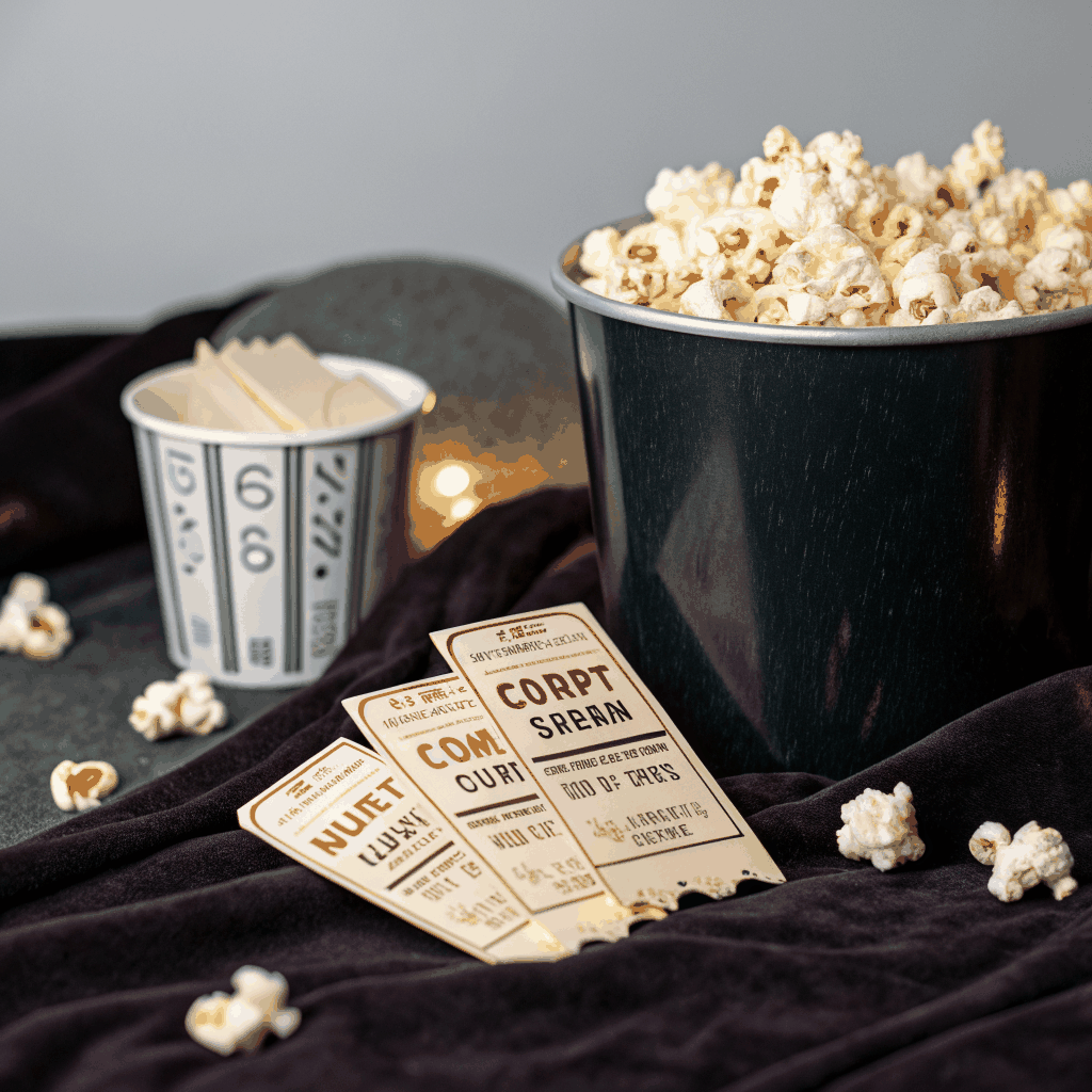 Movie ticket stub next to popcorn box and snack